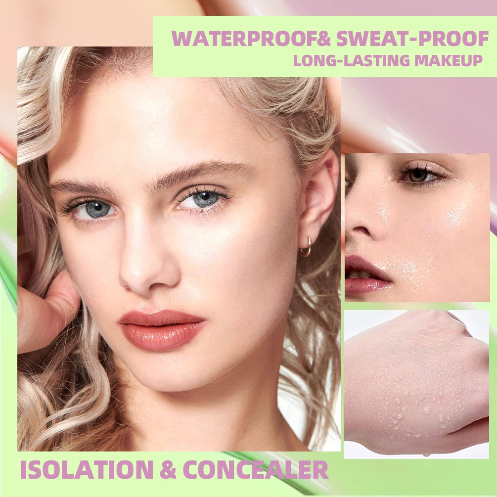 QIBEST Face Makeup Primer Tri-color Cream Brighten Contour Color Isolation Waterproof Foundation Natural Makeup Base Cream