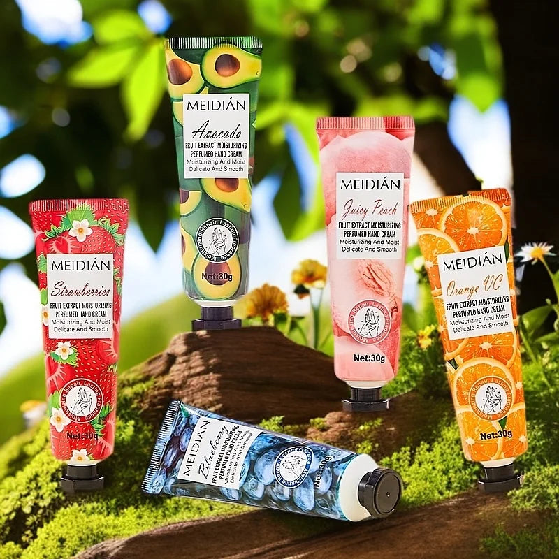 Five piece fruit scented hand cream for moisturizing and long-lasting fragrance retention. Hand care mask cream