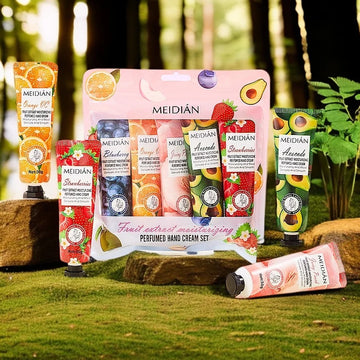 Five piece fruit scented hand cream for moisturizing and long-lasting fragrance retention. Hand care mask cream